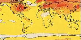Dit klimaatmodel voorspelt de gevolgen van een verdubbeling van de huidige hoeveelheid koolstofdioxide in de atmosfeer. De temperatuur neemt van 0-2 °C (geel) tot 8-12 °C (rood) toe. Dramatisch veel warmer wordt het in het noorden van Europa en Azië, in Noord-Amerika en binnen de poolcirkel.