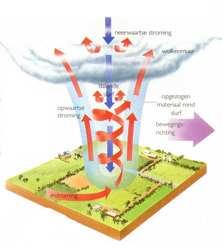 Een kolom roterende lucht daalt door het gebied van stijgende lucht neer en verschijnt onder de wolkenbasis. Als de kolom de grond bereikt, heeft zich een tornado ontwikkeld, waarvan de hevig roterende en stijgende winden alles op hun weg verwoesten.